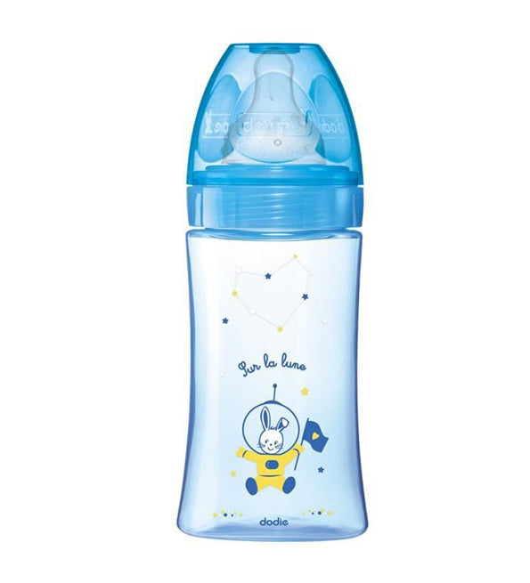 DODIE BIBERON INITIATION+ 270ML BLEU DÉCORÉ 0-6 M TÊTE RONDE 3 VIT D2