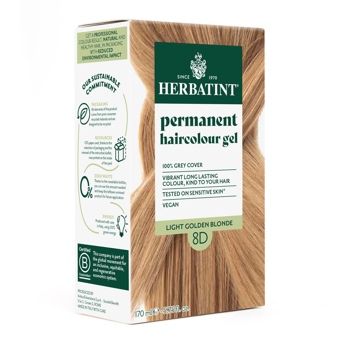 HERBATINT 8D BLOND CLAIRE DORE SOIN COLORANT PERMANENT 170ML