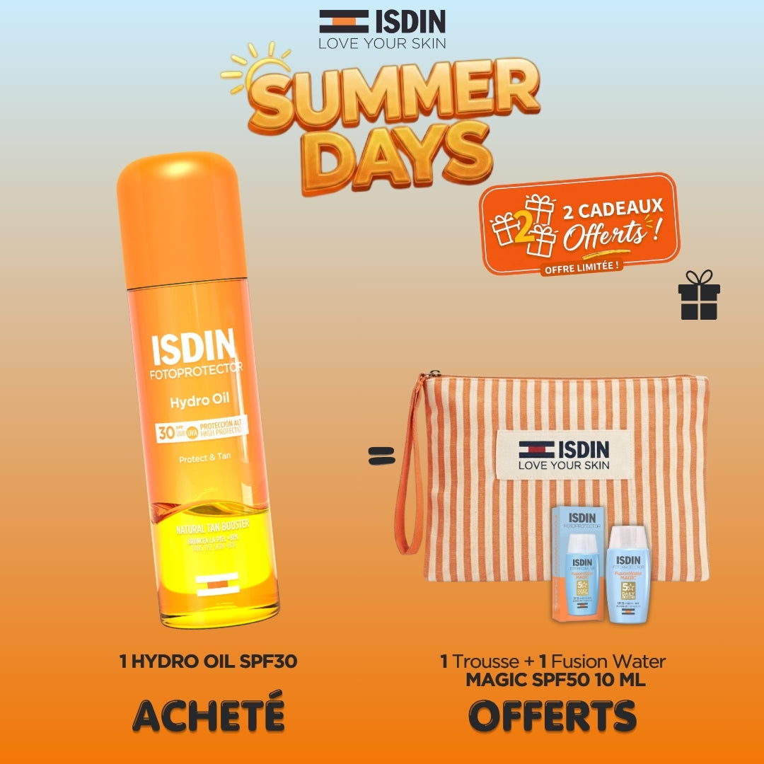 ISDIN FOTOPROTECTEUR HYDRO OIL SPF30+200ML = 1 trousse + 1 fusion water magic spf 50 10ml