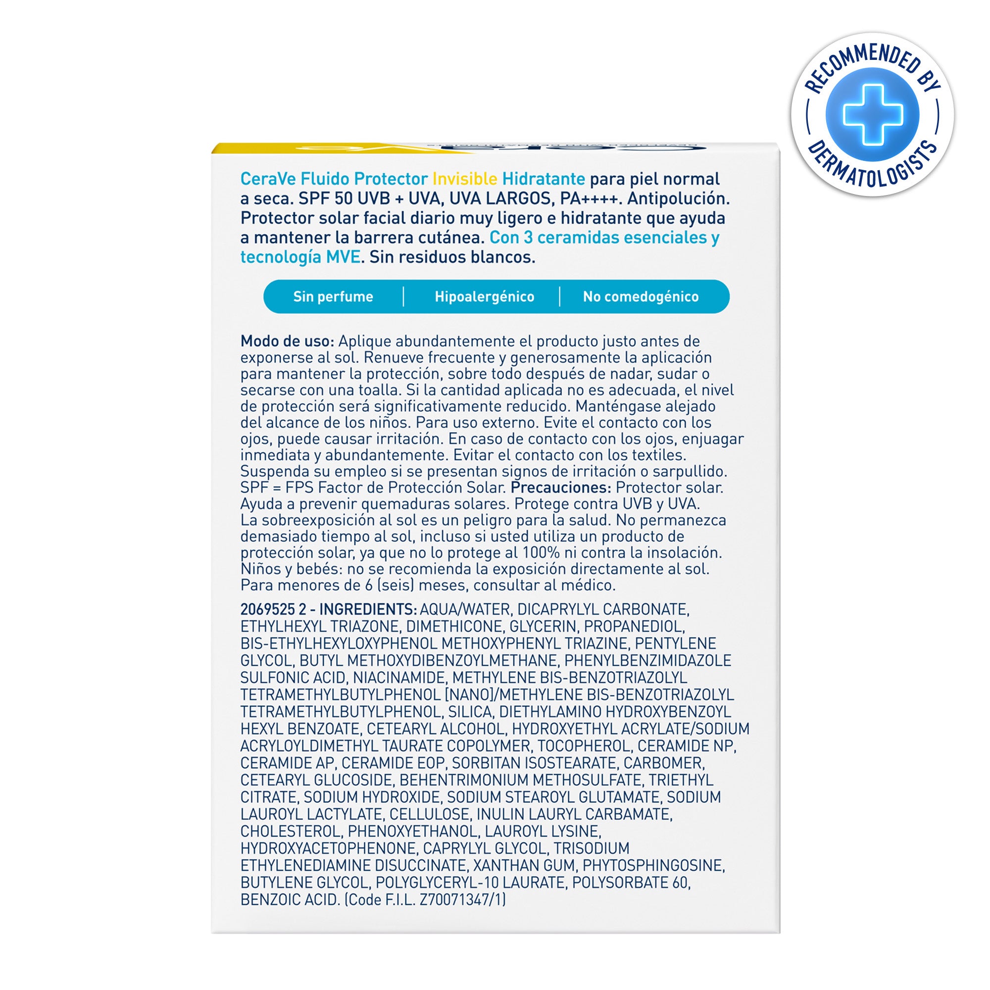 CERAVE Fluide Hydratant Invisible SPF50 | Peau Normale à Sèche | 50ml