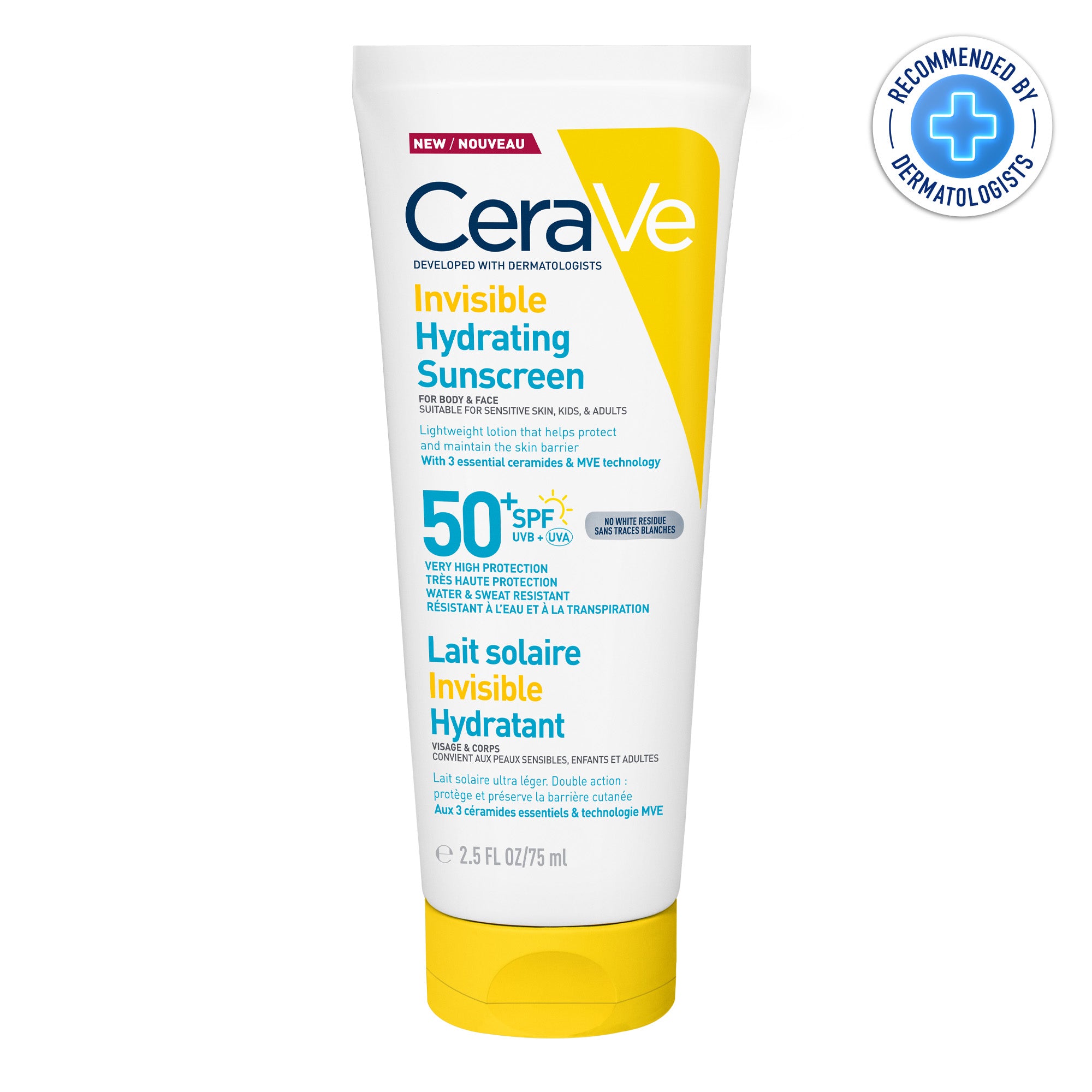 CERAVE Lait Solaire Invisible Hydratant SPF50+ | Peau Normale à Sèche |Peau sensible | 75ml