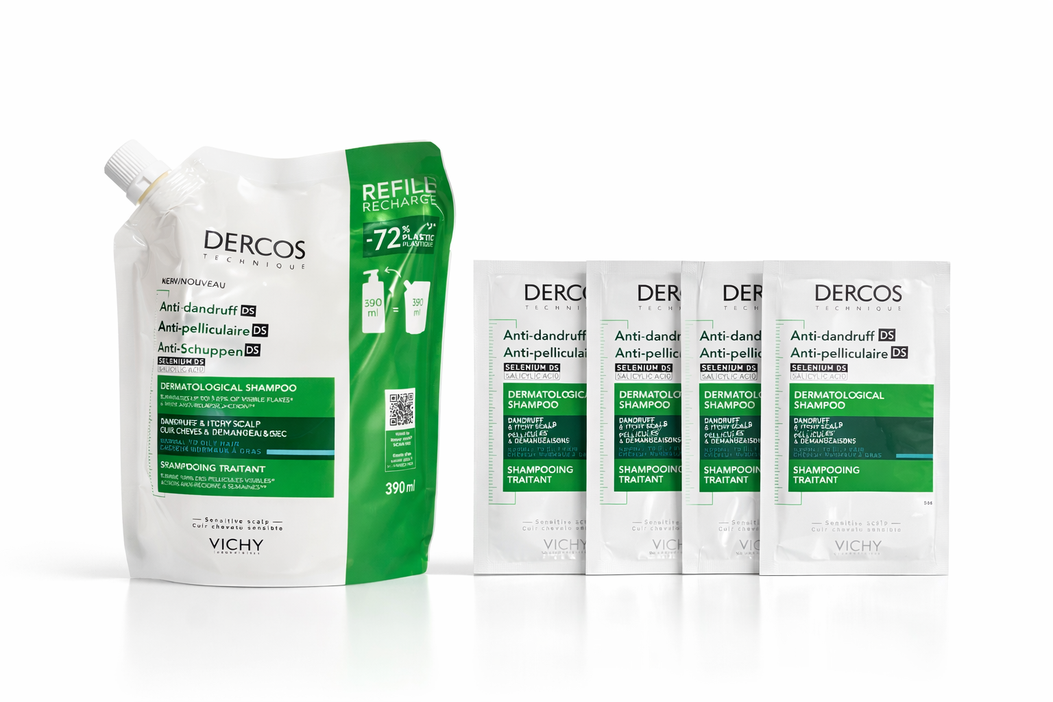VICHY DERCOS SHP DS RECHARGE 390ML CHEVEUX GRAS+4 MINIATURES OFFERTES
