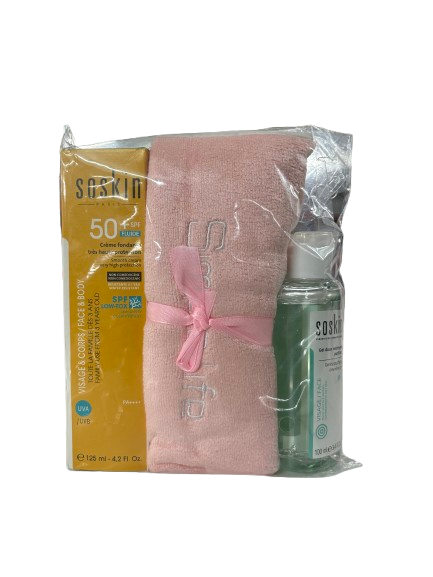 PACK SOSKIN ECRAN CREME FONDANTE SPF50+ GEL DOUX NETTOYANT 100ML+SERVIETTE