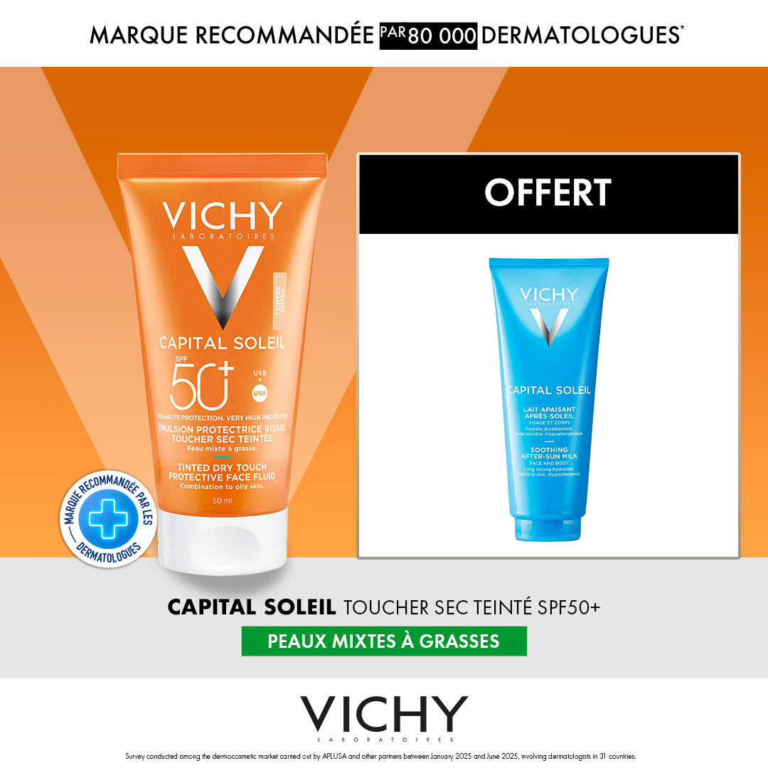 Offre Ramadan VICHY : Capital Soleil BB Émulsion Toucher Sec Teintée SPF50 + Lait Après-Soleil OFFERT