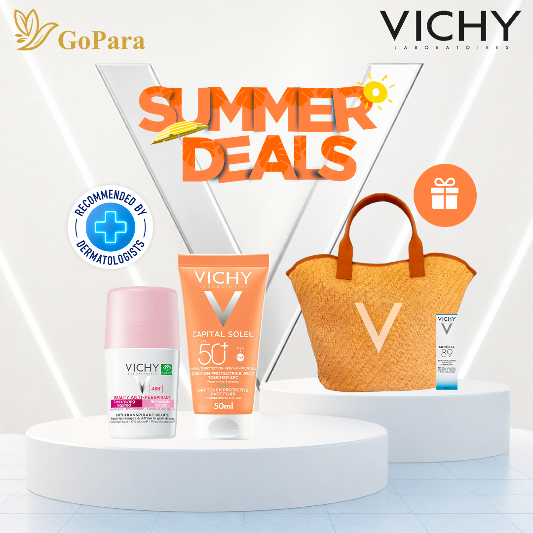 SUMMER DEALS VICHY : Déodorant eclairssicant + Capital soleil toucher sec = Sac vichy offert + mineral 89 format voyage offert
