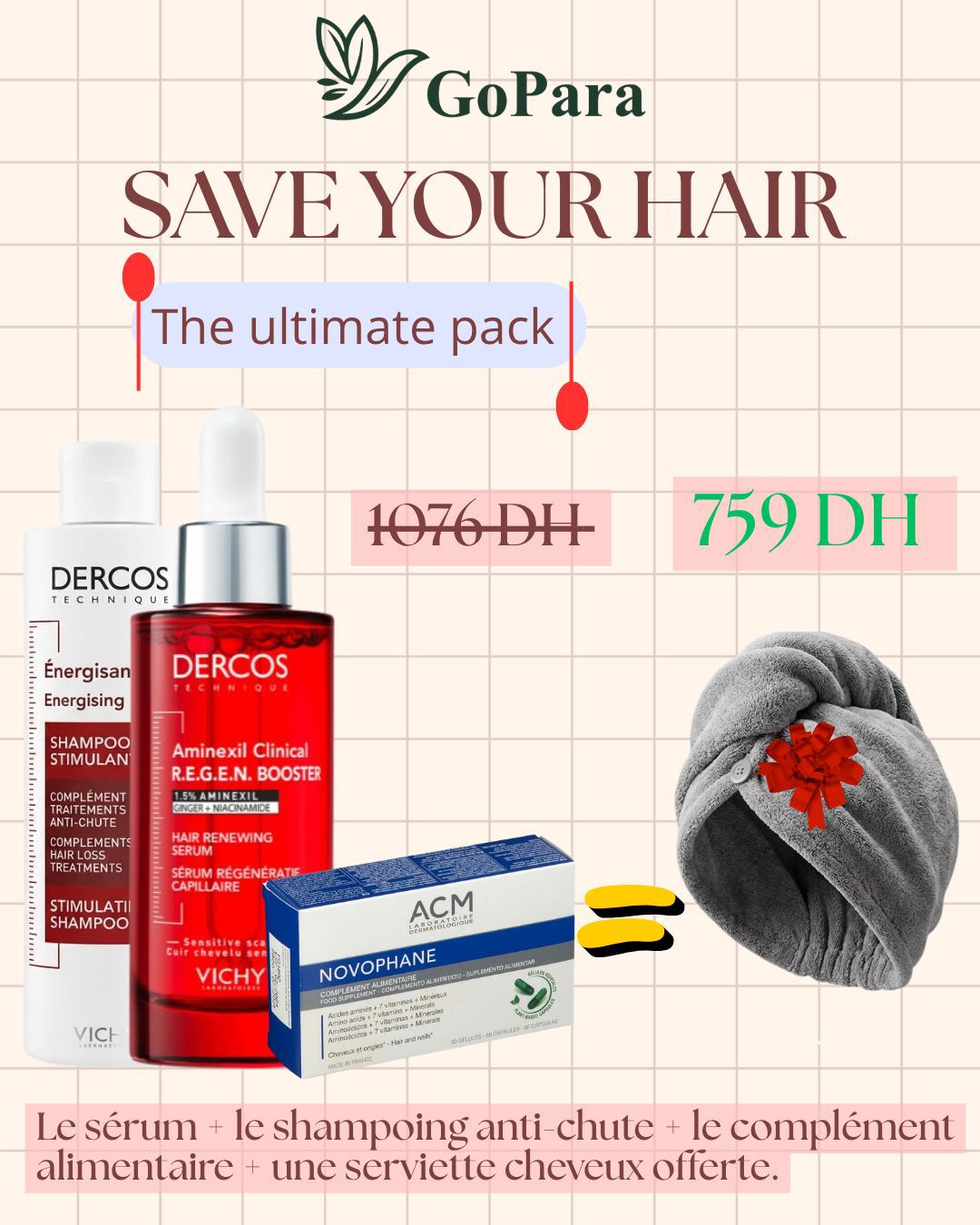 Vichy Dercos serum regen + Dercos shampoiing anti chute + Novophane = serviette cheveux offerte