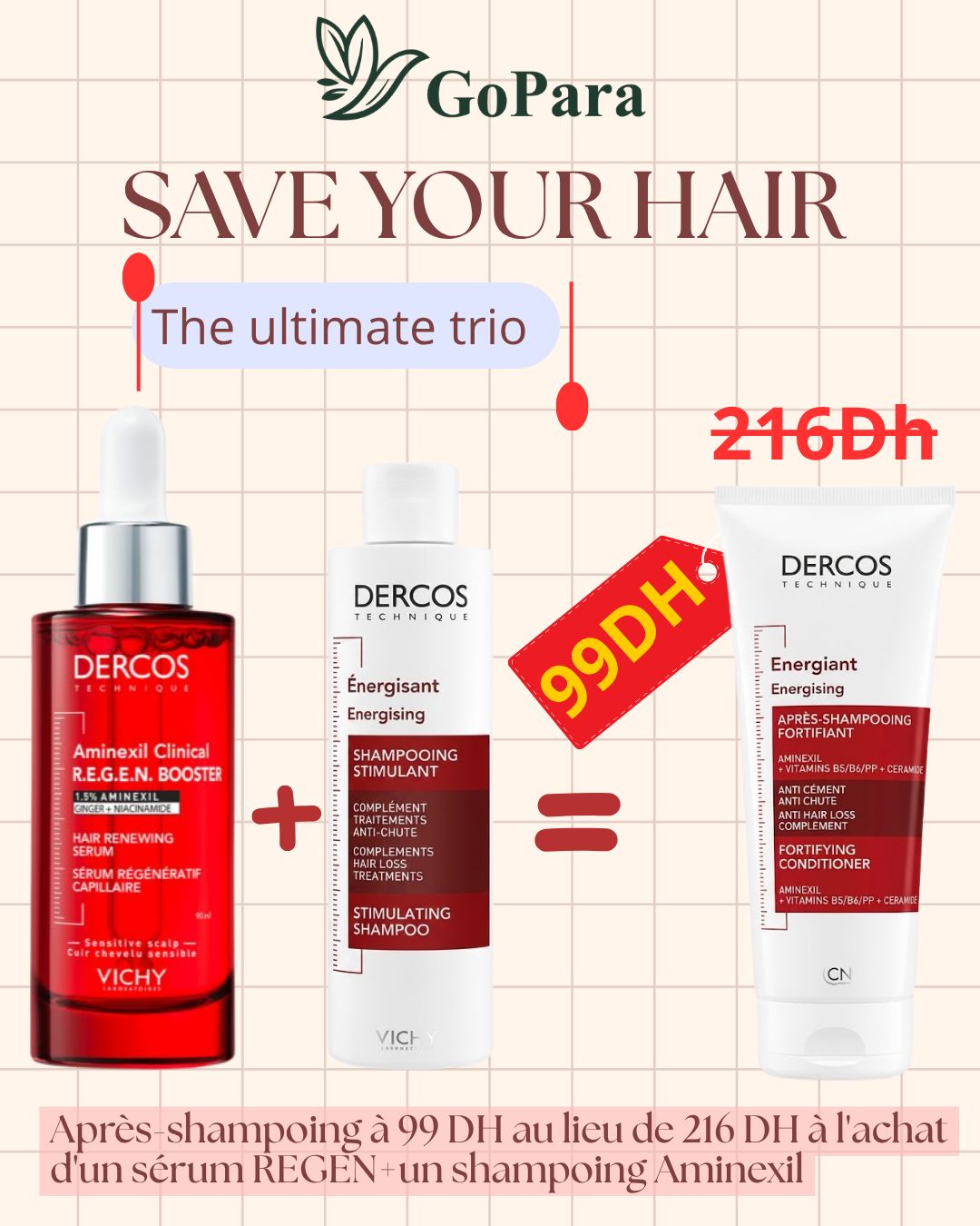 Vichy Dercos serum regen + Dercos shampoiing anti chute = aprés shampoing offert