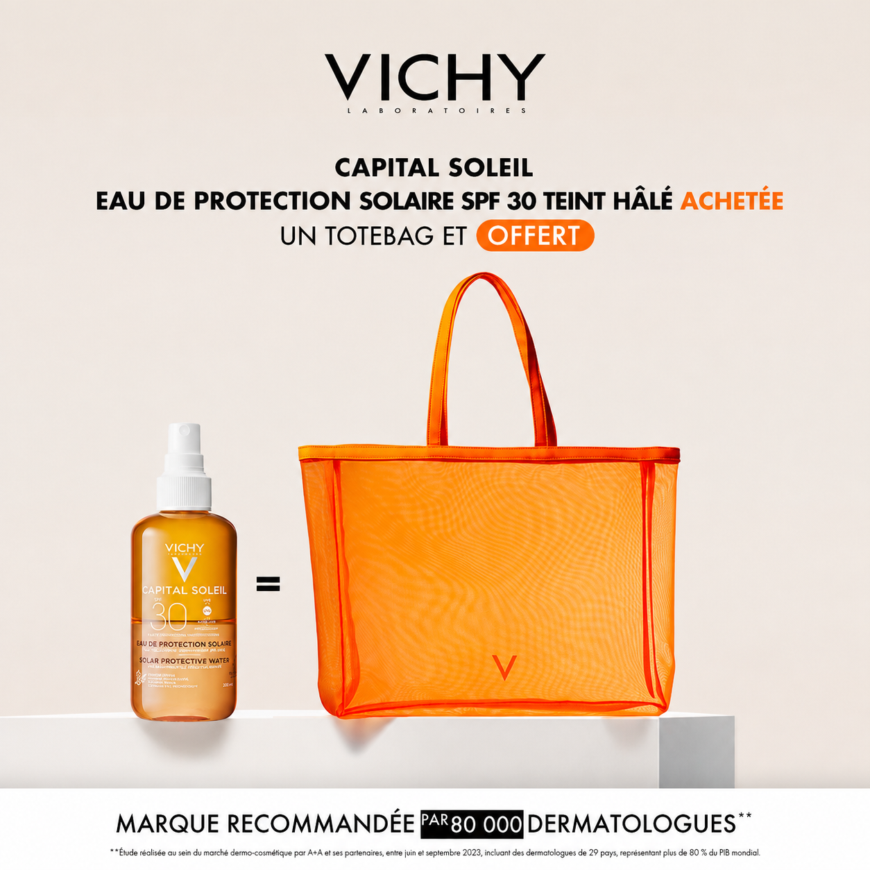 Vichy capital soleil eau de protection solaire spf 30 teint halé achetée = un totebag offert