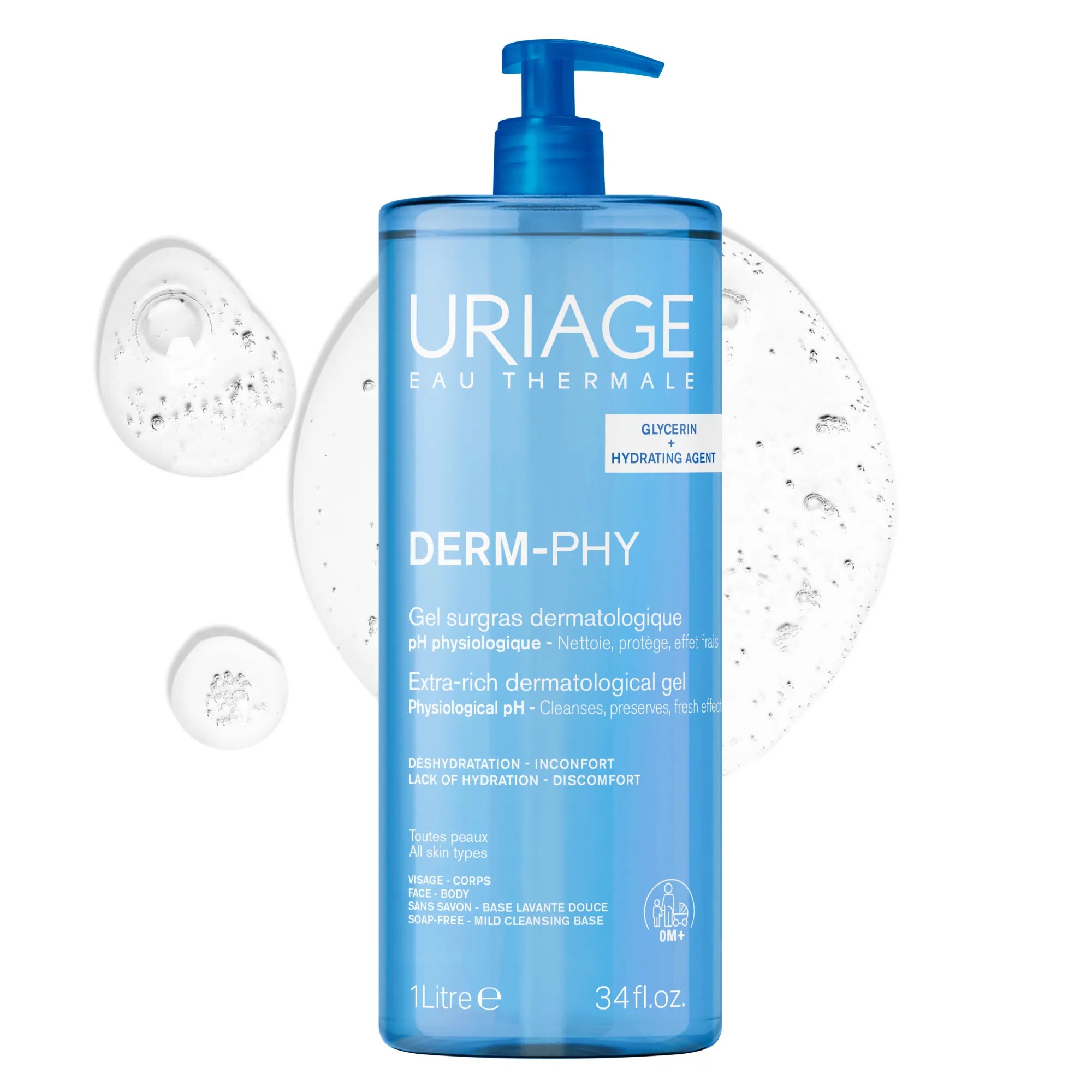 URIAGE DERM-PHY - Gel Douche Surgras Dermatologique - Visage et Corps - Tous Types de Peaux, 1L