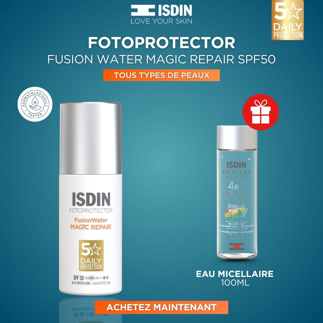 MAGIC REPAIR INVISIBLE -  Fotoprotector Fusion Water Magic Invisible SPF50 + Eau Micellaire 100 ml Offert