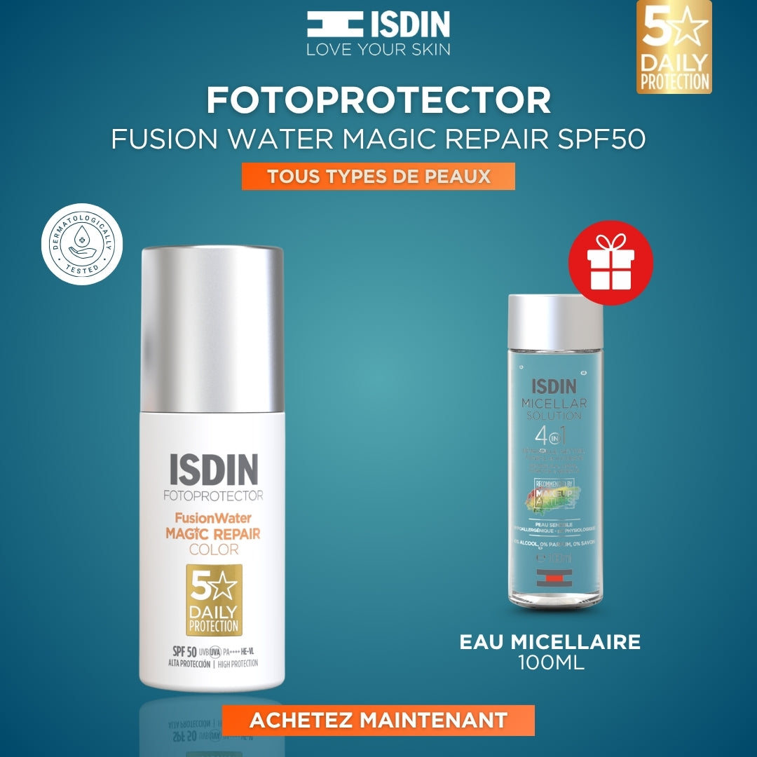 MAGIC REPAIR COLOR -  Fotoprotector Fusion Water Magic Repair SPF50 + Eau Micellaire 100 ml Offert