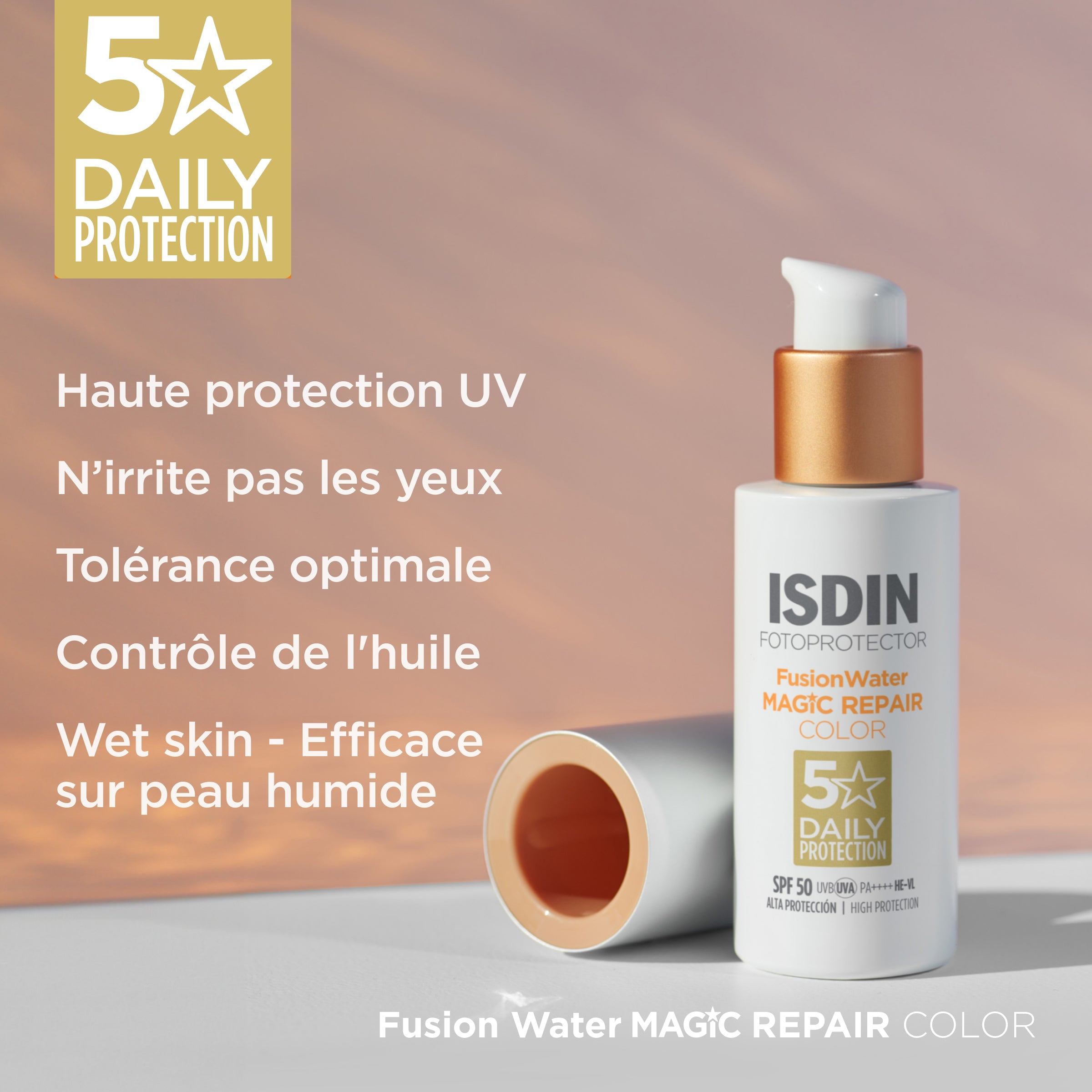 MAGIC REPAIR COLOR -  Fotoprotector Fusion Water Magic Repair SPF50 + Eau Micellaire 100 ml Offert