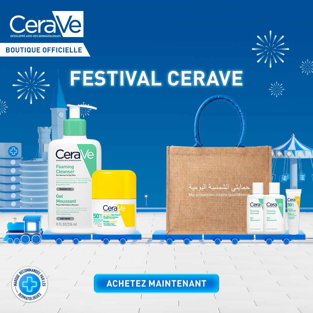 Offre Exclusive Festival Cerave : Gel Moussant 236 ml + CERAVE Fluide Invisible Toucher Sec 50 ml SPF50+ | Peau Normale à grasses