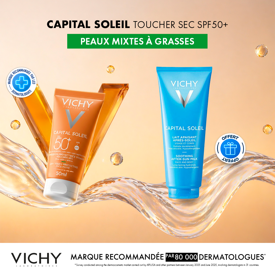Offre VICHY : Capital Soleil Émulsion Toucher Sec SPF50 50ml + Lait Après-Soleil OFFERT