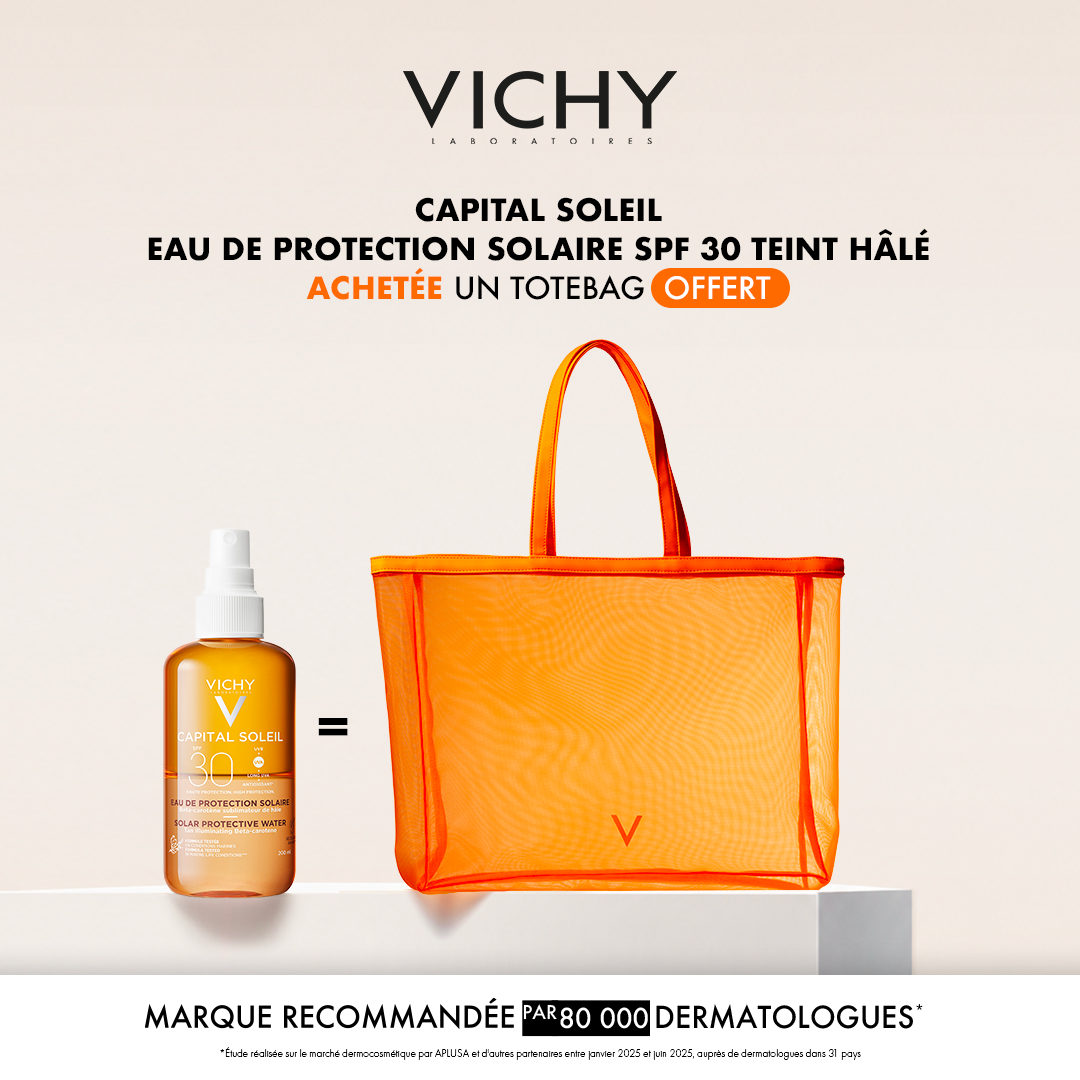 Vichy capital soleil eau de protection solaire spf 30 teint halé achetée = un totebag offert
