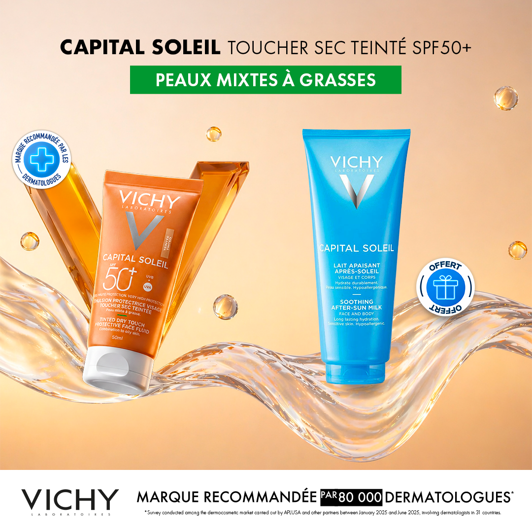 Offre VICHY : Capital Soleil BB Émulsion Toucher Sec Teintée SPF50 + Lait Après-Soleil OFFERT