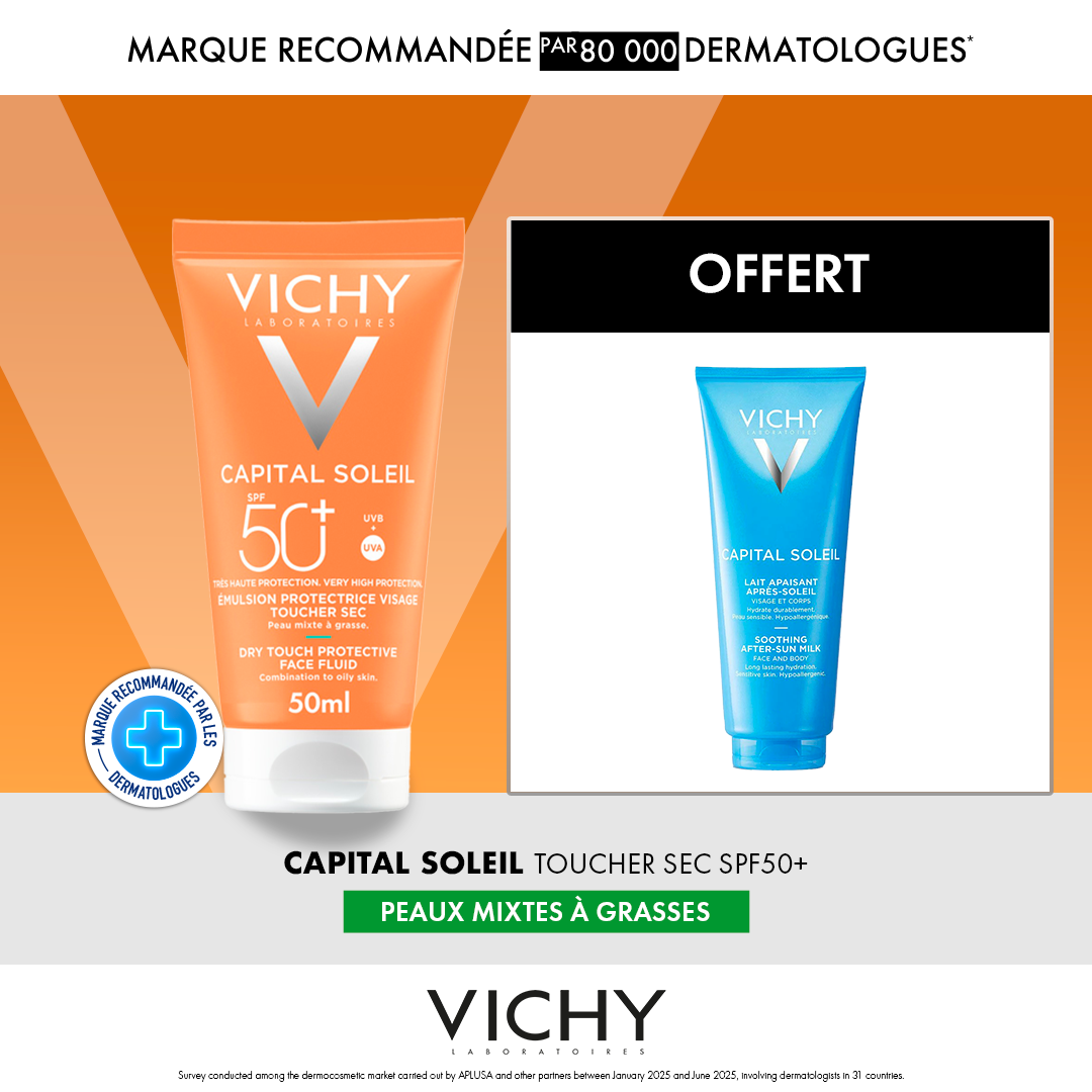 Offre Ramadan VICHY : Capital Soleil Émulsion Toucher Sec SPF50 50ml + Lait Après-Soleil OFFERT