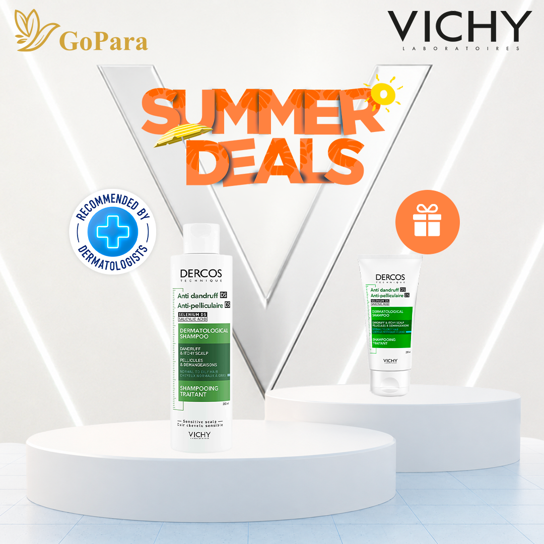 SUMMER DEALS VICHY :  DERCOS SHAMPOIING ANTI-PELLICULAIRES DS GRASSES 200ML + 50 ML FORMAT VOYAGE