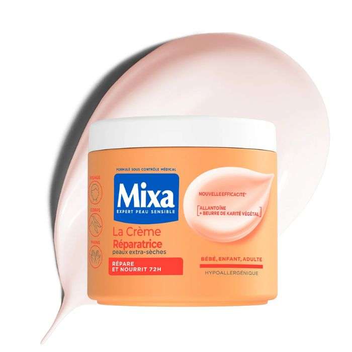 MIXA Crème Visage Corps Mains Hydratante Réparatrice 72h pour Peaux Extra-Sèches Hypoallergénique Beurre de Karité 400 ML