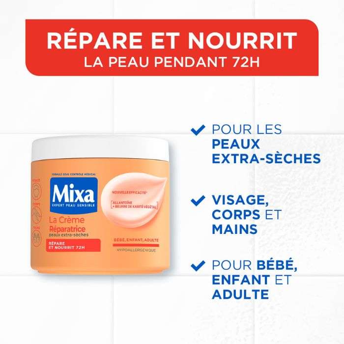 MIXA Crème Visage Corps Mains Hydratante Réparatrice 72h pour Peaux Extra-Sèches Hypoallergénique Beurre de Karité 400 ML