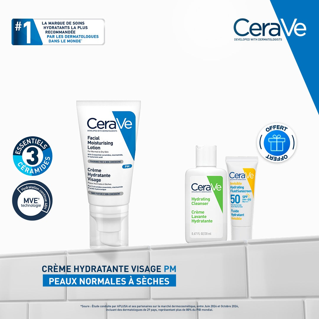 Cerave Créme Hydratante Visage PM 52ml = créme lavante 20 ml + fluide hydratant 8 ml offerts
