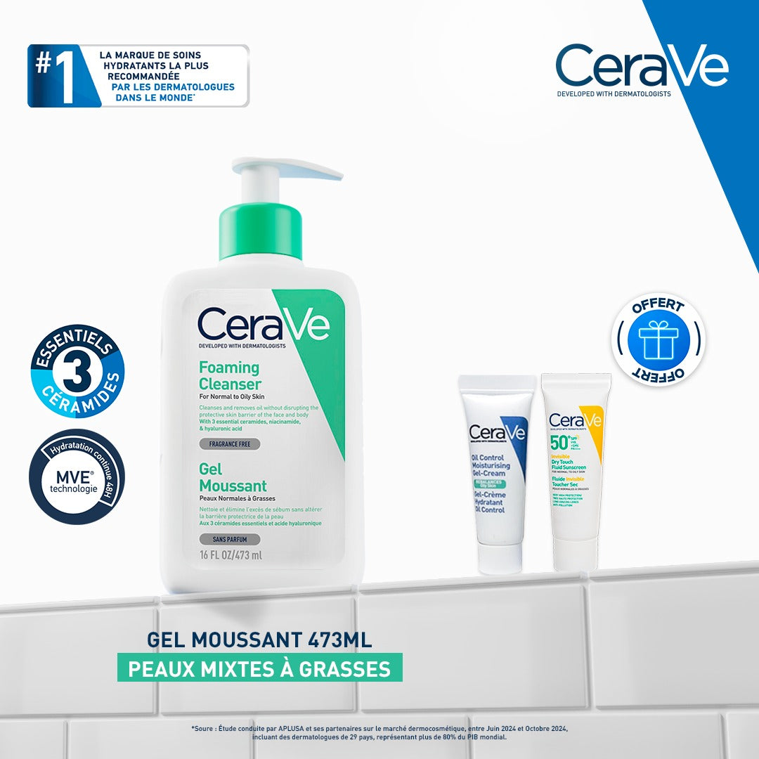Cerave Gel Moussant 473 ml = oil control 8ml + fluide invisible toucher sec 8ml offerts
