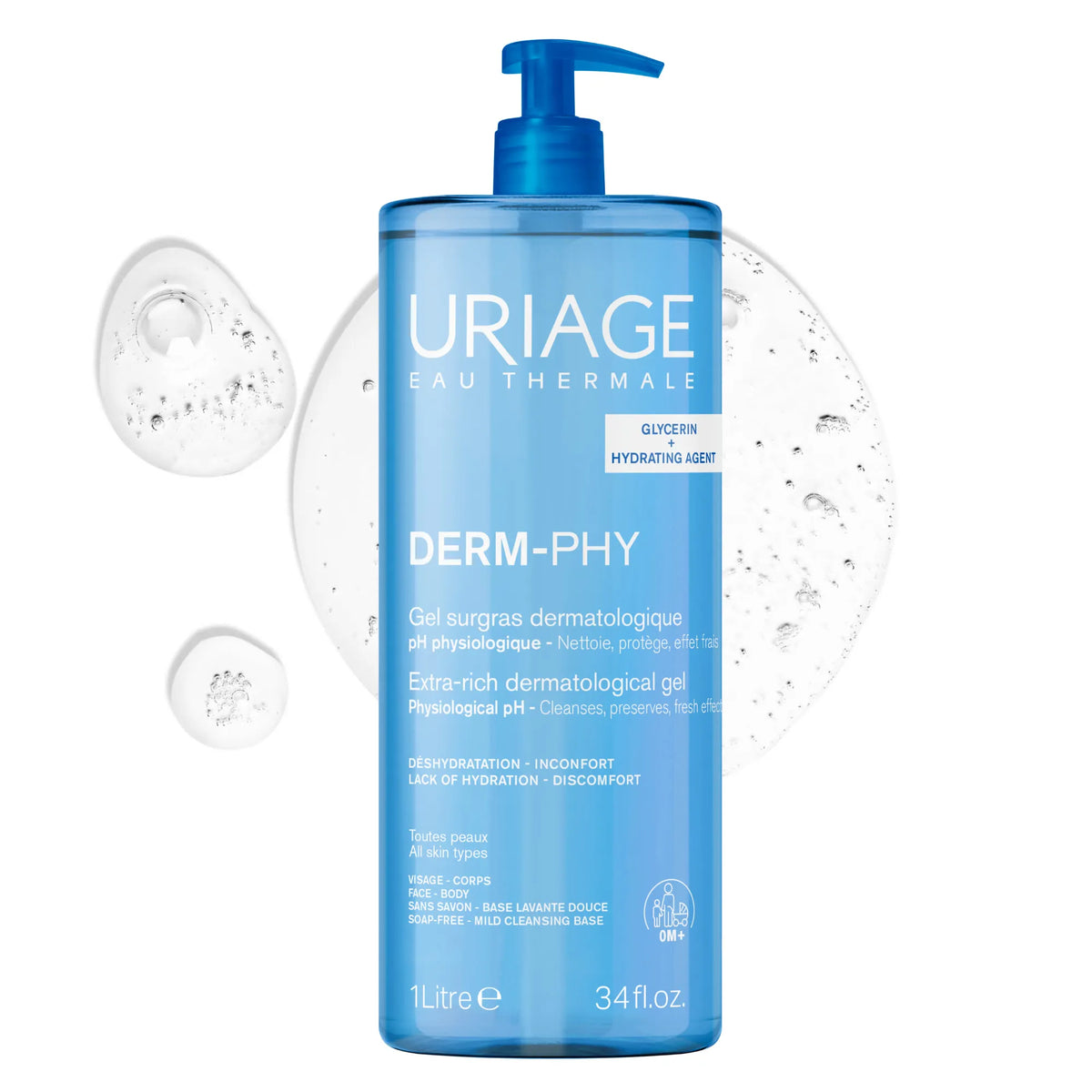 URIAGE DERM-PHY - Gel Douche Surgras Dermatologique - Visage et Corps - Tous Types de Peaux, 1L