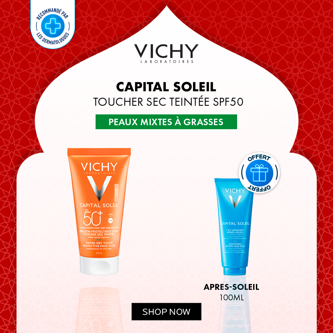 Offre Ramadan VICHY : Capital Soleil BB Émulsion Toucher Sec Teintée SPF50 + Lait Après-Soleil OFFERT